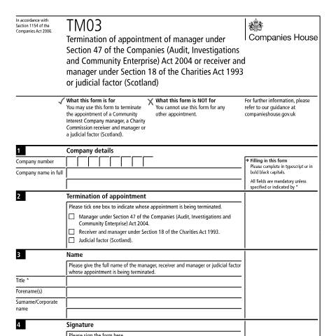 Document preview: Terminate appointment of manager or receiver (TM03) — Companies House, United Kingdom