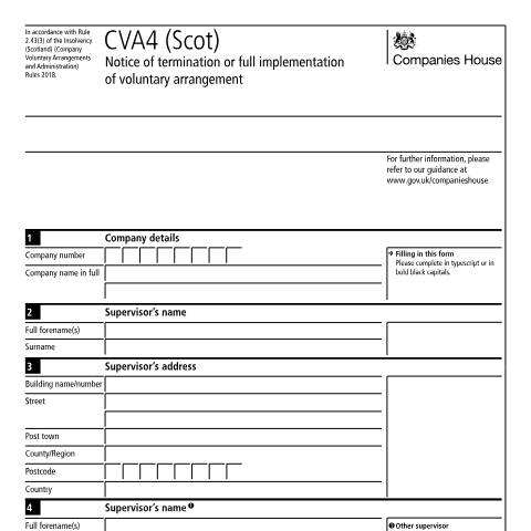 Document preview: Terminate or fully implement voluntary arrangement for a Scottish company: CVA4 (Scot) — Companies House, United Kingdom