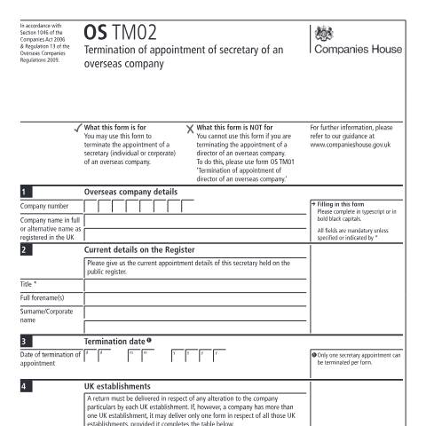 Document preview: Terminate the appointment of secretary of an overseas company (OS TM02) — Companies House, United Kingdom