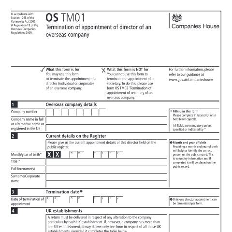 Document preview: Terminate the appointment of a director of an overseas company (OS TM01) — Companies House, United Kingdom