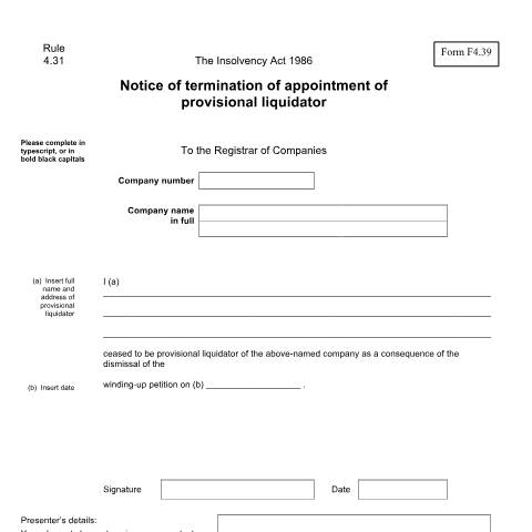 Document preview: Terminate the appointment of provisional liquidator (F4.39) — Companies House, United Kingdom