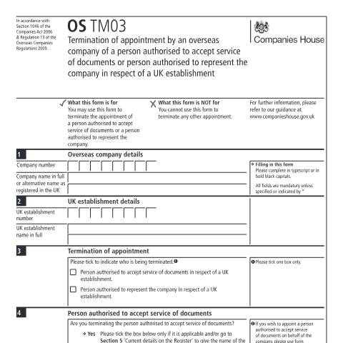 Document preview: Terminate the appointment of person authorised to accept service or person authorised to represent the company (OS TM03) — Companies House, United Kingdom
