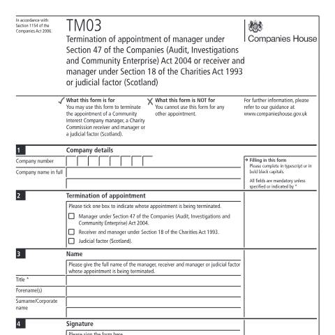 Document preview: Terminate appointment: Community Interest Company manager, Charity Commission receiver and manager or judicial factor (Scotland) — Companies House, United Kingdom