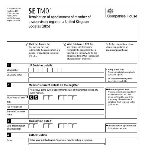 Document preview: Terminate appointment: member of supervisory organ of a UK societas (SE TM01) — Companies House, United Kingdom