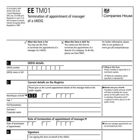 Document preview: Terminate the appointment of a manager of a UK economic interest grouping (UKEIG) where the official address is in the UK (EE TM01) — Companies House, United Kingdom
