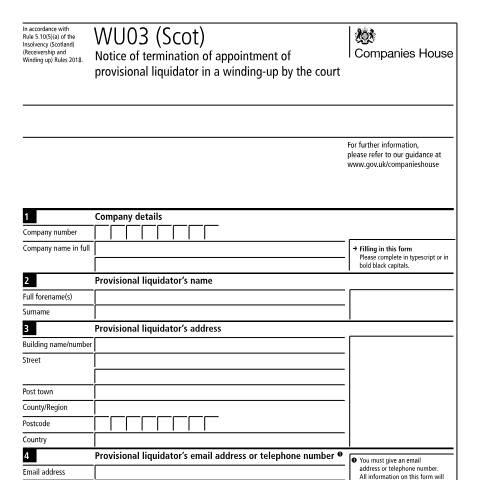 Document preview: Give notice of termination of appointment of provisional liquidator for a Scottish company: WU03 (Scot) — Companies House, United Kingdom