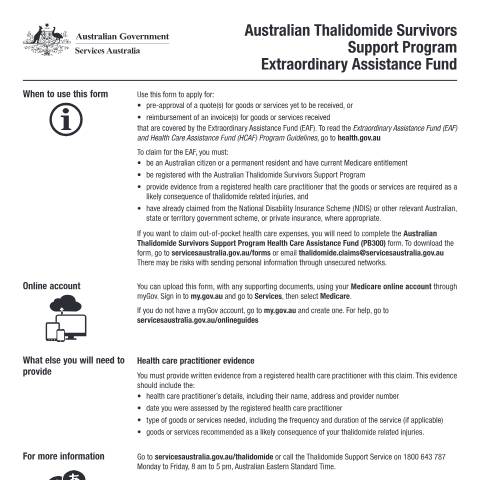 Document preview: Australian Thalidomide Survivors Support Program Extraordinary Assistance Fund — Services Australia — Individuals (by code), Australia (CERFA n°PB299)