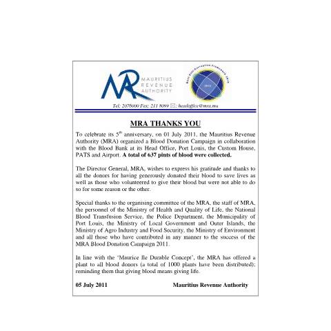Document preview: Thank You - Blood Donation 2011 (05.07.2011) — Document, Mauritius (CERFA n°MRAThankYou2011)