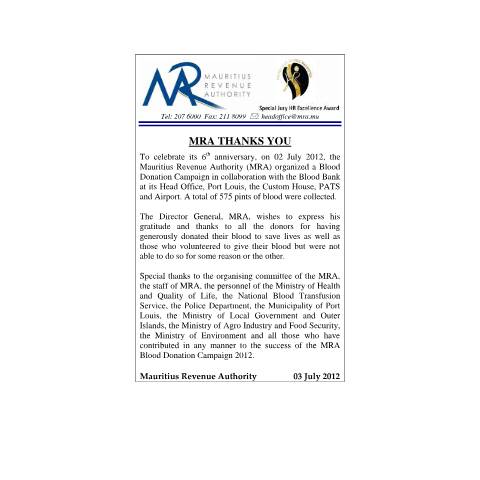 Document preview: Thank You Blood Donors 2012 (03.07.2012) — Notice / Circular, Mauritius (CERFA n°CommuniqueThankYouBD2012)