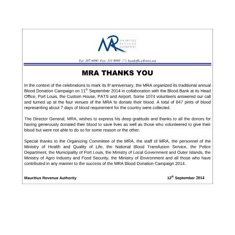 Document preview: Thank You Blood Donors (12.09.14) — Document, Mauritius (CERFA n°ThankYouBD2014)