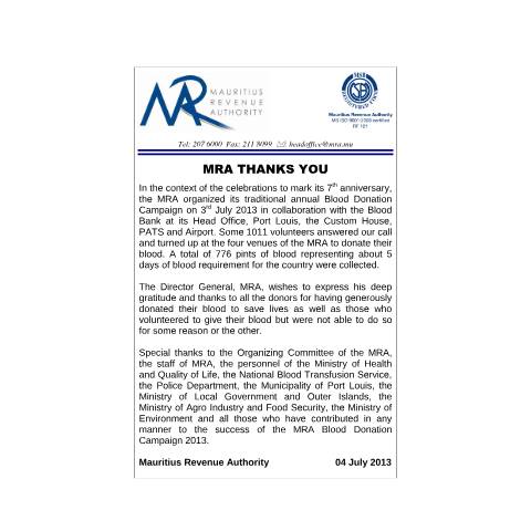 Document preview: Thank you Blood Donors (04.07.2013) — Document, Mauritius (CERFA n°ThankYouBD2013)