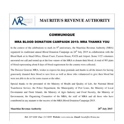 Document preview: Thank You Blood Donors (28.07.15) — Document, Mauritius (CERFA n°ThankYouBD290715)
