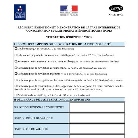 Aperçu du document TICPE - Attestation d'identification (exemption / exonération) — Professionnels, France (CERFA n°16106*01)