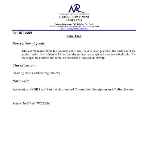 Document preview: Classification of Tiles — Document, Mauritius (CERFA n°Tile01)