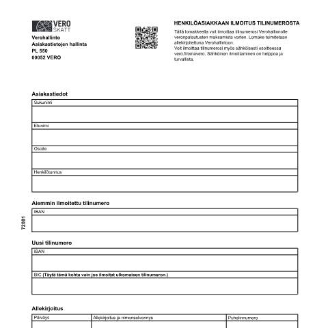 Document preview: Tilinumeroilmoitus – henkilöasiakas (7208) — Tilinumeroilmoitus – henkilöasiakas (7208), Suomi (CERFA n°Vero 7208)