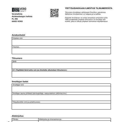 Document preview: Tilinumeroilmoitus – Yritysasiakas (7209) — Yritysasiakkaan ilmoitus tilinumerosta (7209), Suomi (CERFA n°Vero 7209)
