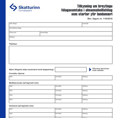 Document preview: Tilkynning um breytingu félagasamtaka í almannaheillafélag sem starfar yfir landamæri — Fyrirtækjaskrá, Ísland (CERFA n°RSK 17.08)