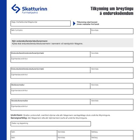 Document preview: Tilkynning um breytingu á endurskoðendum. — Fyrirtækjaskrá, Ísland (CERFA n°RSK 17.45)