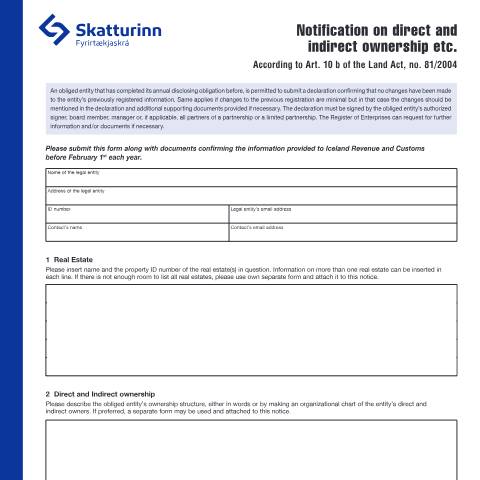 Document preview: Tilkynning um beint og óbeint eignarhald lögaðila o.fl. - — Fyrirtækjaskrá, Ísland (CERFA n°RSK 17.31)