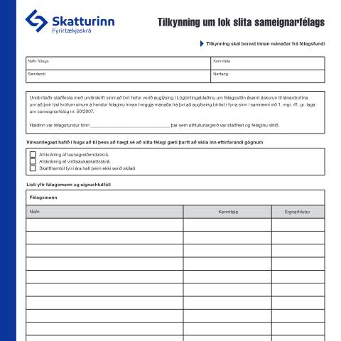 Document preview: Tilkynning um lok slita sameignarfélags — Fyrirtækjaskrá, Ísland (CERFA n°RSK 17.55)