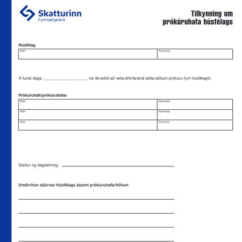 Document preview: Tilkynning um prókúruhafa húsfélags — Fyrirtækjaskrá, Ísland (CERFA n°RSK 17.92)