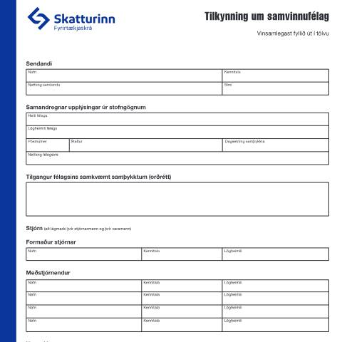Document preview: Tilkynning um samvinnufélag — Fyrirtækjaskrá, Ísland (CERFA n°RSK 17.23)