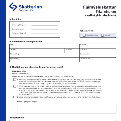Document preview: Fjársýsluskattur - Tilkynning um skattskylda starfsemi. — Einstaklingar, Ísland (CERFA n°RSK 5.07)