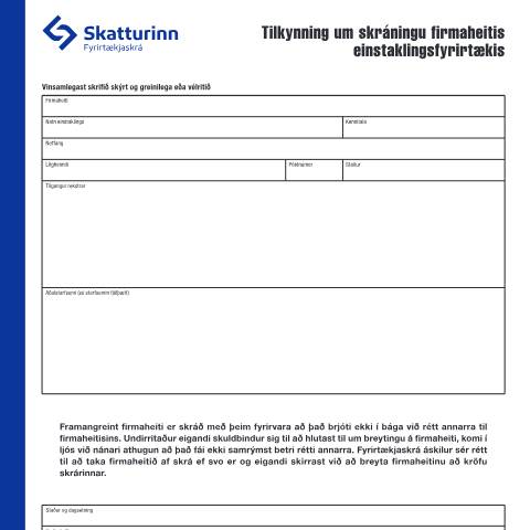 Document preview: Tilkynning um skráningu firmaheitis einstaklingsfyrirtækis — Fyrirtækjaskrá, Ísland (CERFA n°RSK 17.25)