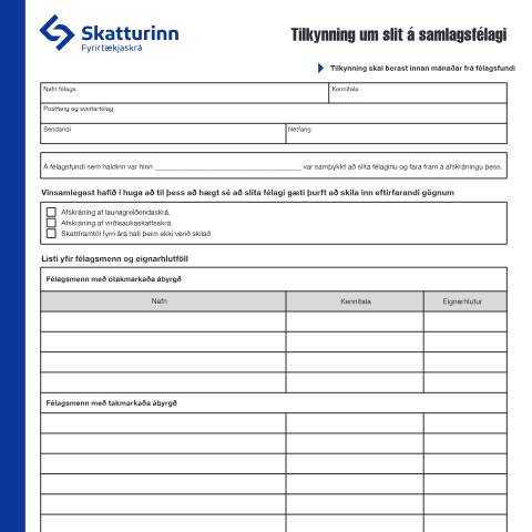 Document preview: Tilkynning um slit á samlagsfélagi — Fyrirtækjaskrá, Ísland (CERFA n°RSK 17.53)