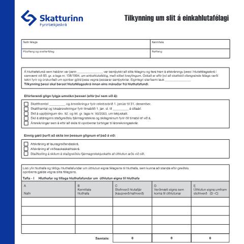 Document preview: Tilkynning um slit á einkahlutafélagi. — Fyrirtækjaskrá, Ísland (CERFA n°RSK 17.52)