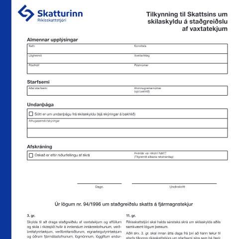 Document preview: Tilkynning til ríkisskattstjóra um skilaskyldu á staðgreiðslu af vaxtatekjum. — Einstaklingar, Ísland (CERFA n°RSK 5.30)