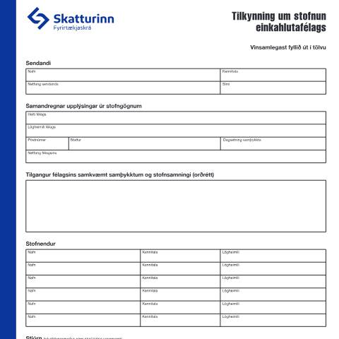 Document preview: Tilkynning um stofnun einkahlutafélags — Fyrirtækjaskrá, Ísland (CERFA n°RSK 17.21)