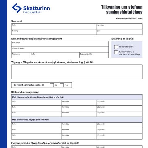 Document preview: Tilkynning um stofnun samlagshlutafélags — Fyrirtækjaskrá, Ísland (CERFA n°RSK 17.19)
