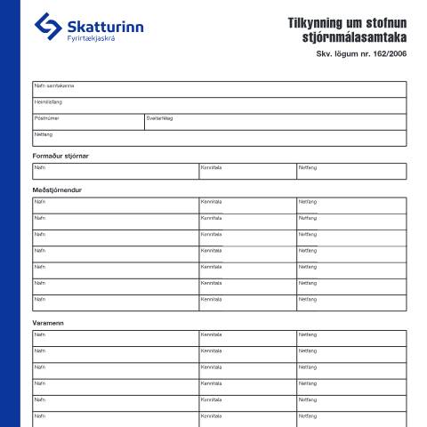 Document preview: Tilkynning um stofnun stjórnmálasamtaka — Fyrirtækjaskrá, Ísland (CERFA n°RSK 17.11)