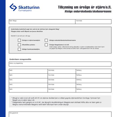 Document preview: Tilkynning um úrsögn úr stjórn o.fl. — Fyrirtækjaskrá, Ísland (CERFA n°RSK 17.46)