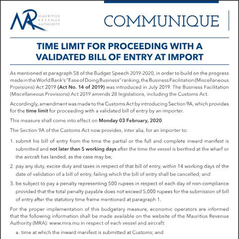 Document preview: Time limit for proceeding with a validated bill of entry at import (27.01.20) — Document, Mauritius (CERFA n°BillOfEntry270119)