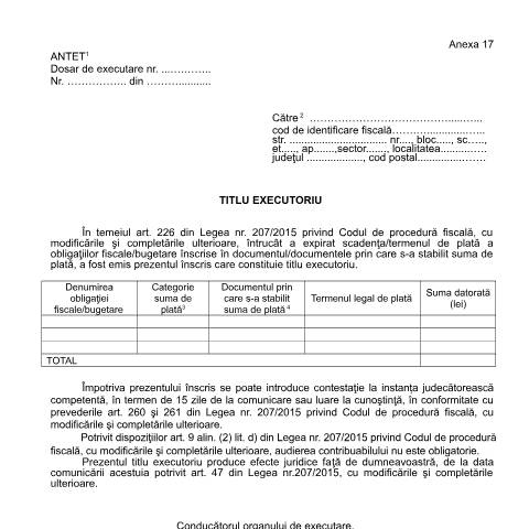 Document preview: Titlu executoriu (OPANAF 63/2017) — Documente emise, România (CERFA n°A17_OPANAF_63_2017)
