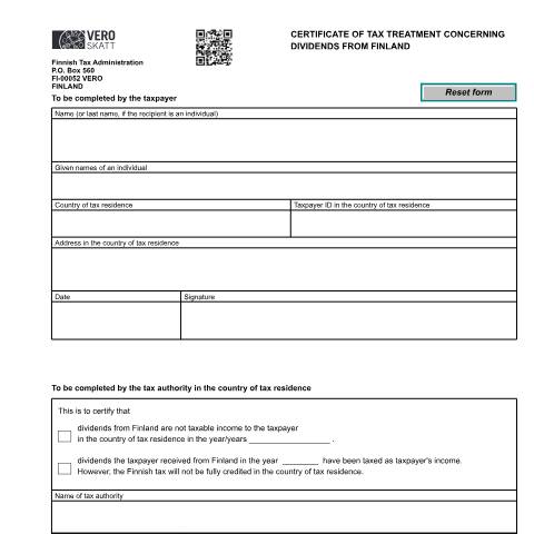 Document preview: Todistus osingon verokohtelusta ulkomailla (6161e) — Todistus osingon verokohtelusta ulkomailla (6161e), Suomi (CERFA n°Vero 6161e)