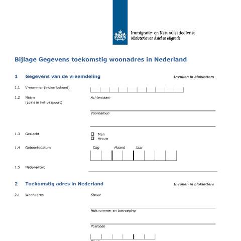 Documentvoorvertoning: Bijlage Gegevens toekomstig woonadres in Nederland — IND — immigratie, Nederland (CERFA n°7143)