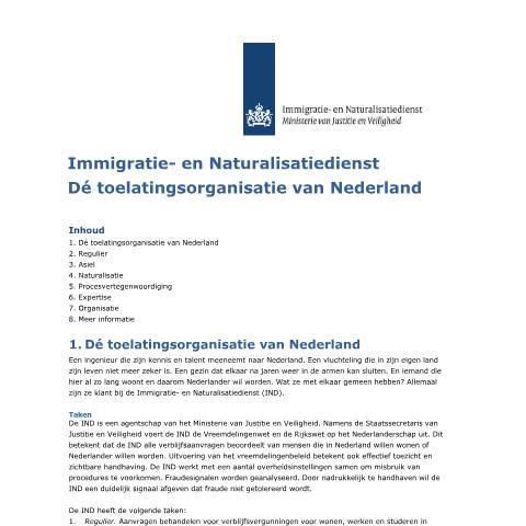 Documentvoorvertoning: Dé toelatingsorganisatie van Nederland — IND — immigratie, Nederland (CERFA n°6070)