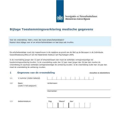 Documentvoorvertoning: Bijlage Toestemmingsverklaring medische gegevens — IND — immigratie, Nederland (CERFA n°7114)