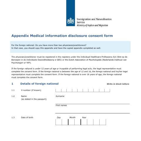 Documentvoorvertoning: Appendix Medical information disclosure consent form — IND — immigratie, Nederland (CERFA n°7614)