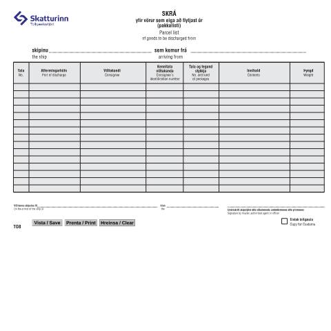 Document preview: TO8 Parcel list Icelandic / English — Customs, Ísland