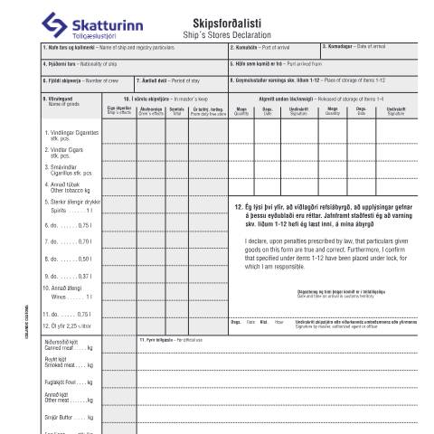 Document preview: TO3 Ship´s Stores Declaration Icelandic / English — Customs, Ísland