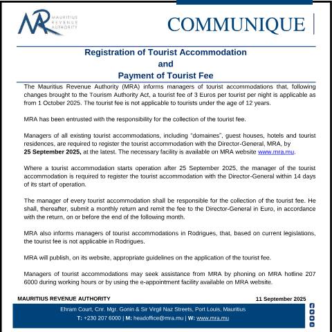 Document preview: Registration of Tourist Accommodation and Payment of Tourist Fee (11.09.25) — Document, Mauritius (CERFA n°CoTouristFee11092025)