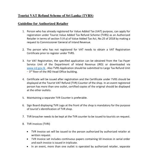 Document preview: Guideline for Authorized Retailer — Tourist VAT Refund Scheme (TVRS), Sri Lanka