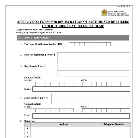 Document preview: Application Form for Registration of Authorized Retailers under Tourist VAT Refund Scheme — Tourist VAT Refund Scheme (TVRS), Sri Lanka (CERFA n°TVRS_002)