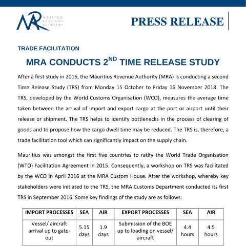 Document preview: Trade Facilitation - MRA conducts 2 nd Time Release Study (16.10.18) — Document, Mauritius (CERFA n°TRS161018)