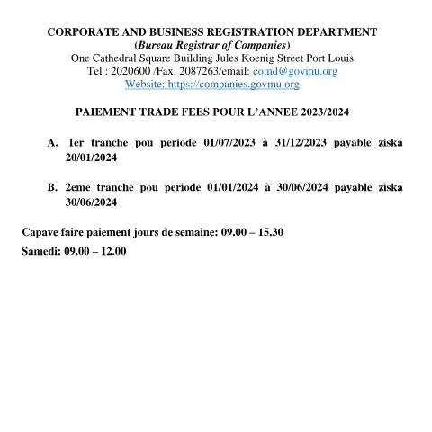 Document preview: TRADE FEE NOTICE 2023 Kreol — Document, Mauritius (CERFA n°TRADE-FEE-NOTICE-2023-Kreol)