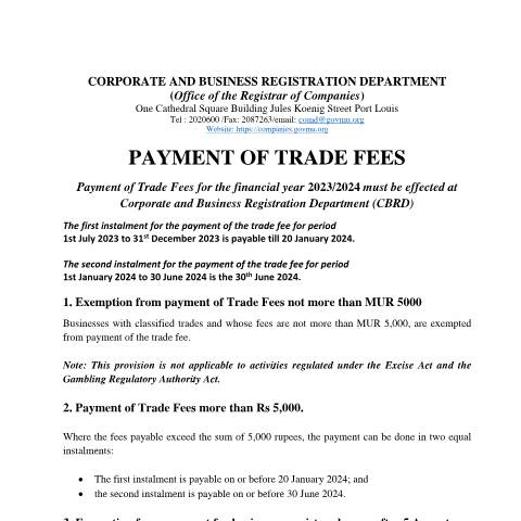 Document preview: TRADE FEE NOTICE 2023 — Document, Mauritius (CERFA n°TRADE-FEE-NOTICE-2023)